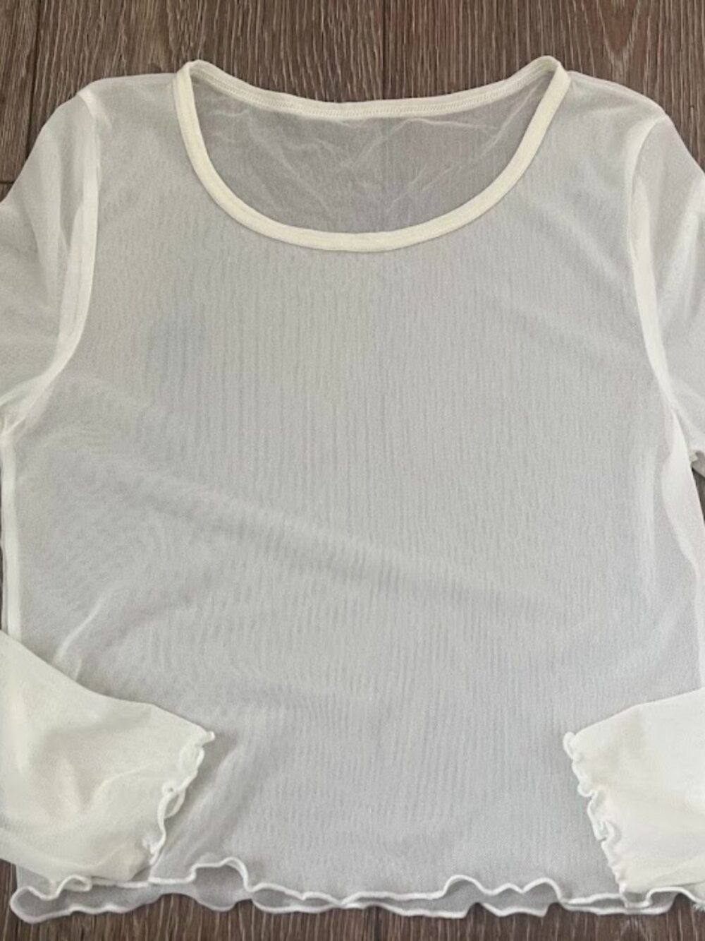 Aerie Sheer White Mesh Long-Sleeve Crop Top With Ruffled Edges Size Medium